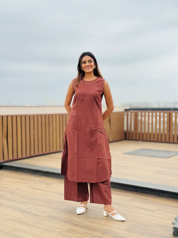 Chocolate_brown_sleeveless_Hand_embroidered__kurta_with_matching_palazzo.