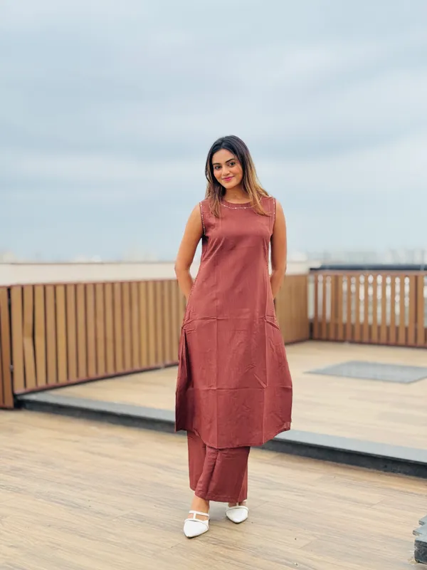 Chocolate_brown_sleeveless_Hand_embroidered__kurta_with_matching_palazzo.
