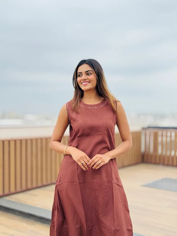 Chocolate_brown_sleeveless_Hand_embroidered__kurta_with_matching_palazzo.