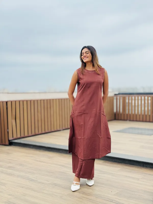 Chocolate_brown_sleeveless_Hand_embroidered__kurta_with_matching_palazzo.