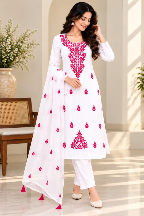 Elegant_White_Kurta_with_Vibrant_Pink_Chikankari_Motifs_and_Dupatta_Set