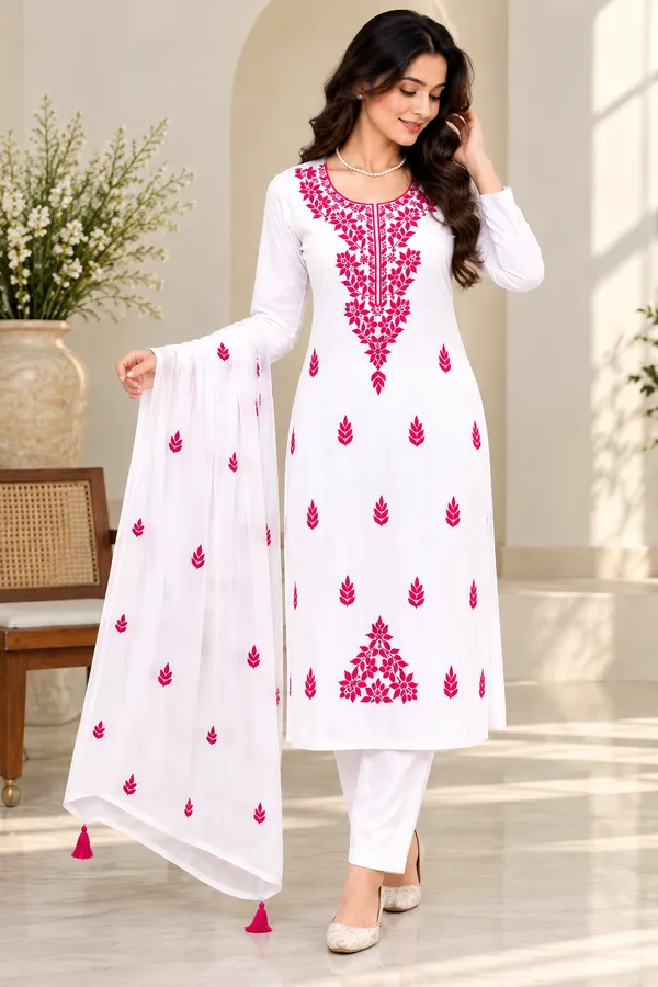 Elegant_White_Kurta_with_Vibrant_Pink_Chikankari_Motifs_and_Dupatta_Set