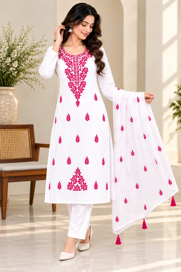 Elegant_White_Kurta_with_Vibrant_Pink_Chikankari_Motifs_and_Dupatta_Set
