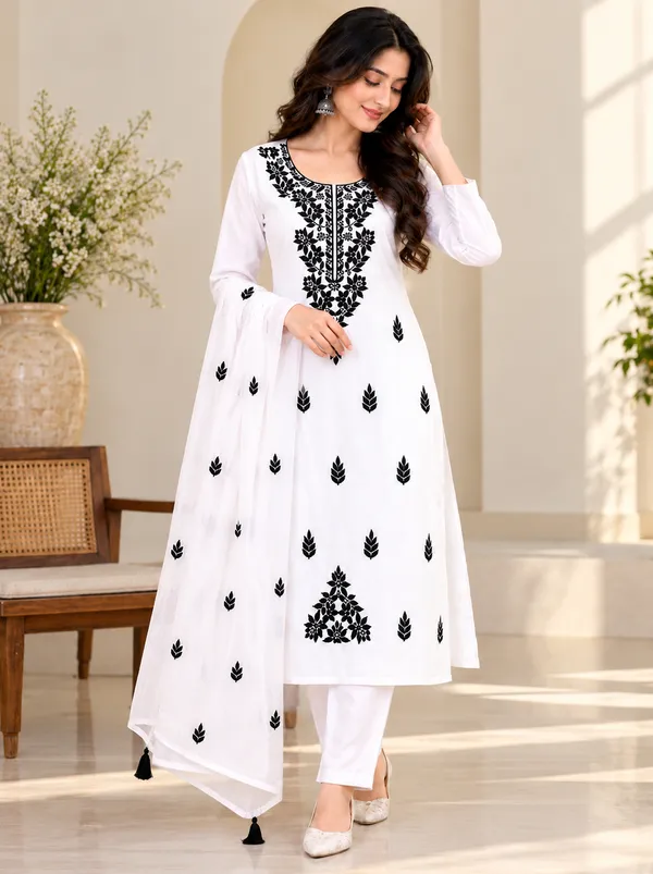 Pure_White_Hand-Embroidered_Chikankari_Anarkali_Kurta_Set