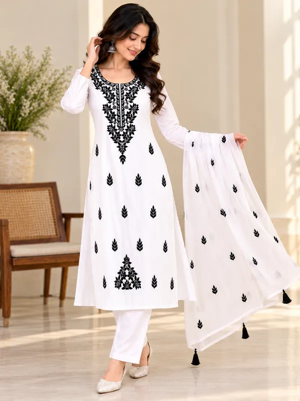 Pure_White_Hand-Embroidered_Chikankari_Anarkali_Kurta_Set