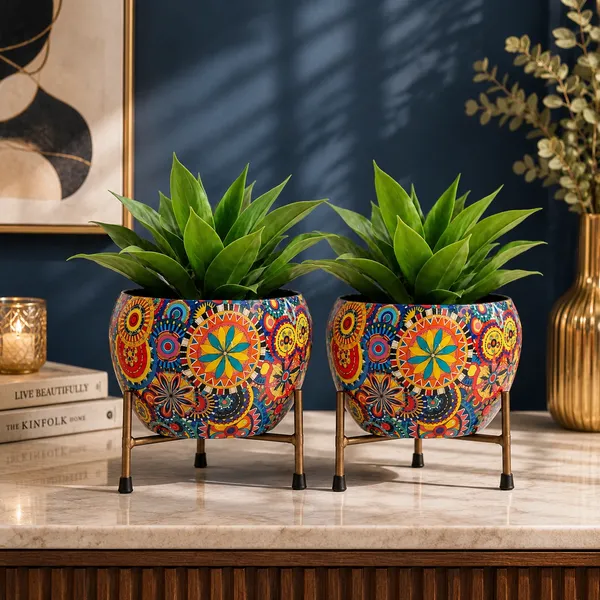 Colorful_Mandala_Printed_Round_Planter_Pot_with_Metal_Stand