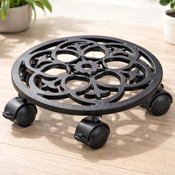 Decorative_Black_Metal_Plant_Caddy_with_4_Lockable_Wheels