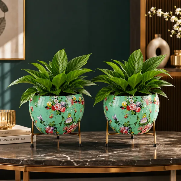 Mint_Green_Floral_Printed_Round_Planter_Pot_with_Gold_Metal_Stand