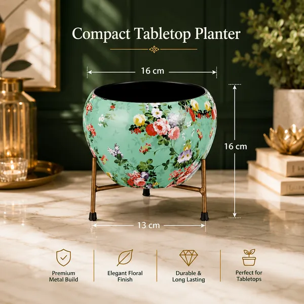 Mint_Green_Floral_Printed_Round_Planter_Pot_with_Gold_Metal_Stand