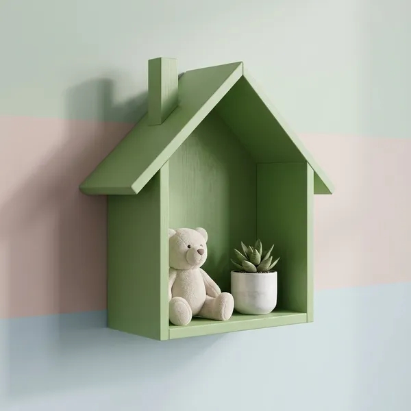 Wooden_House_Shaped_Wall_Shelf_With_Figurines