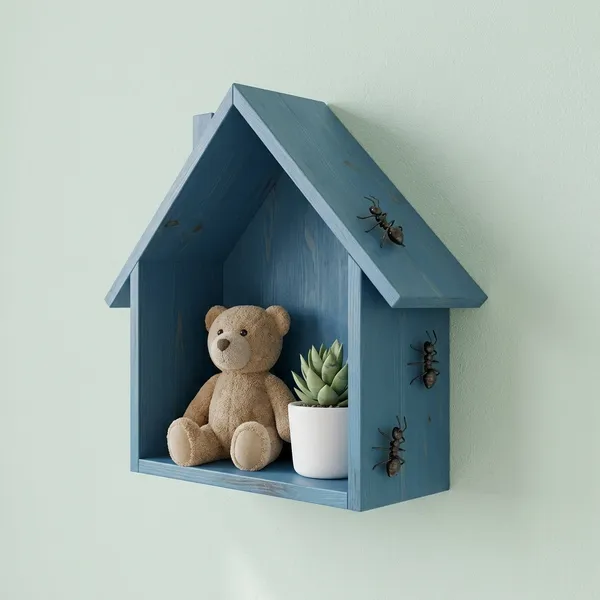 Wooden_House_Shaped_Wall_Shelf_With_Figurines
