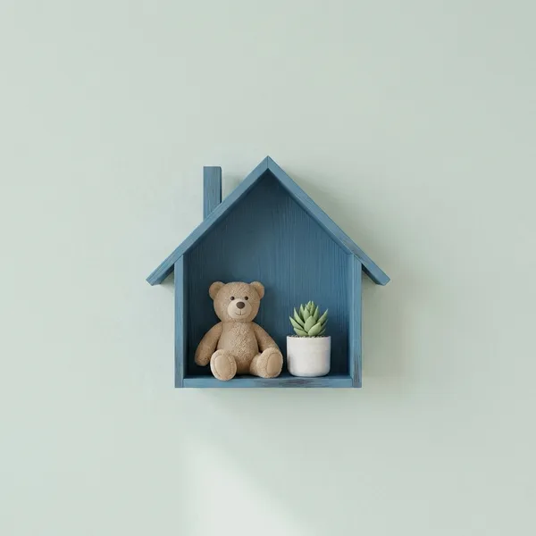 Wooden_House_Shaped_Wall_Shelf_With_Figurines