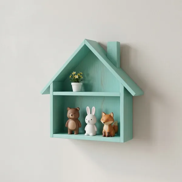 Wooden_House_Shaped_Wall_Shelf_With_Figurines