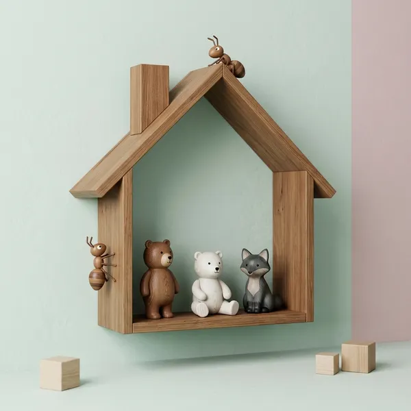 Wooden_House_Shaped_Wall_Shelf_With_Figurines
