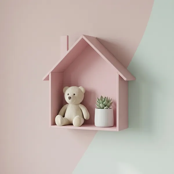 Wooden_House_Shaped_Wall_Shelf_With_Figurines