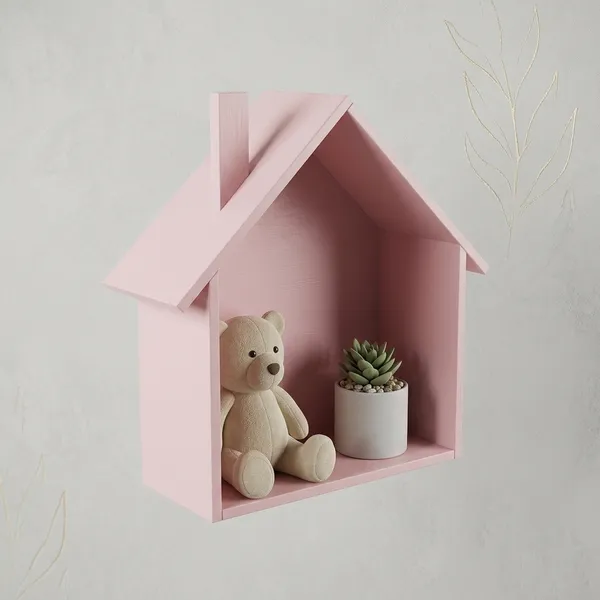 Wooden_House_Shaped_Wall_Shelf_With_Figurines