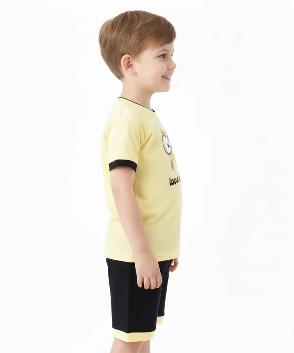 Lemon_Yellow_Kids_Boy_And_Girl_Owl_Print_Round_Neck_T-Shirt_And_Short