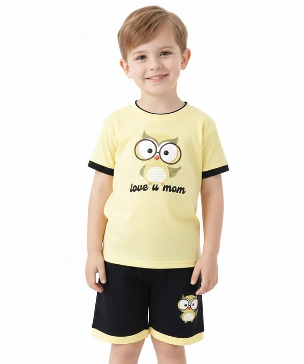 Lemon_Yellow_Kids_Boy_And_Girl_Owl_Print_Round_Neck_T-Shirt_And_Short