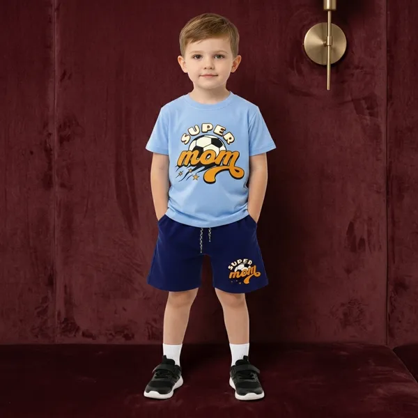 Sky_Blue_Super_Mom_Printed_T-Shirt_And_Short_Set_For_Kids_Boy_And_Girl