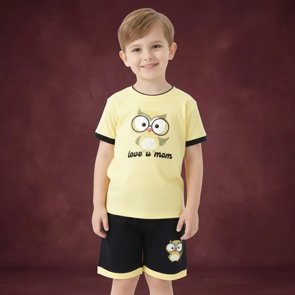Lemon_Yellow_Kids_Boy_And_Girl_Owl_Print_Round_Neck_T-Shirt_And_Short