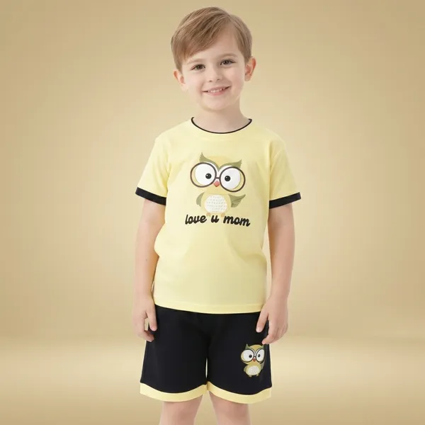 Lemon_Yellow_Kids_Boy_And_Girl_Owl_Print_Round_Neck_T-Shirt_And_Short