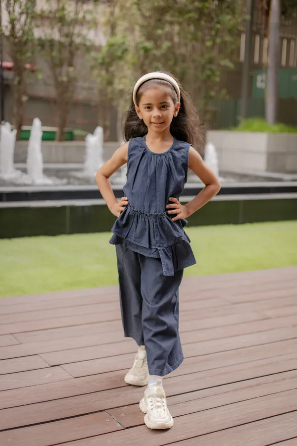 Navy_Denim_Sleeveless_Peplum_Top_And_Pants_Set_For_Girls