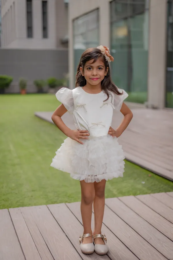 White_Neoprene_Ruffle_Puff_Sleeve_Party_Dress_For_Girls