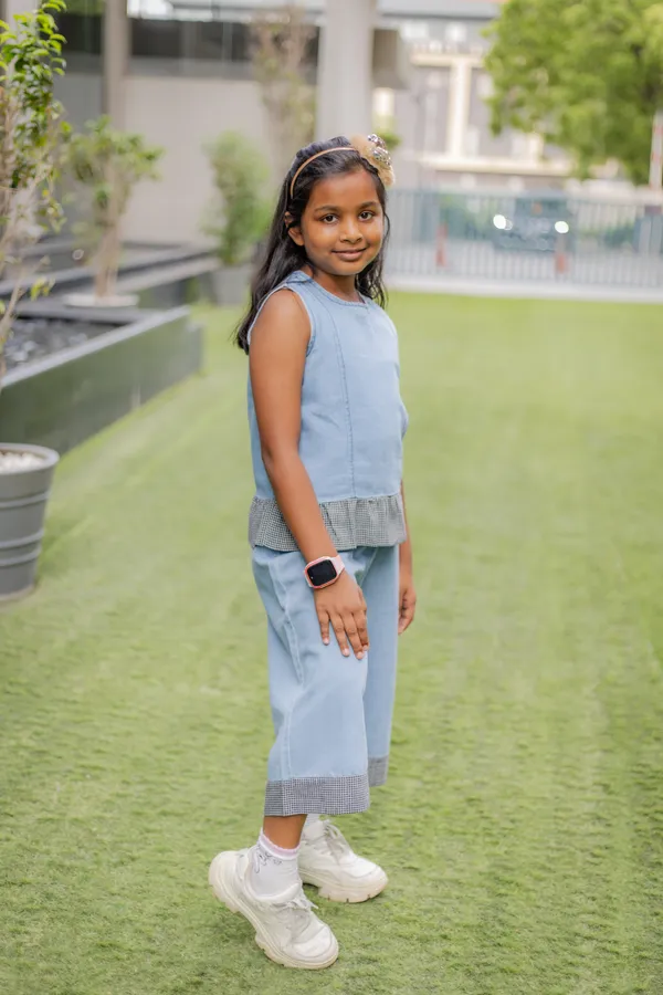 Blue_Denim_Checked_Peplum_Sleeveless_Co-Ord_Set_For_Girls