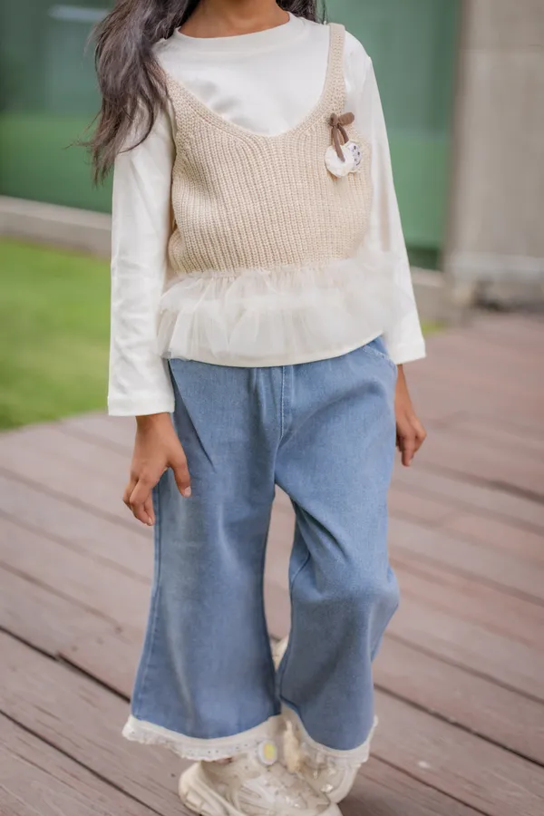 White_Beige_Premium_Cotton_Layered_Top_And_Pants_Set_For_Girls