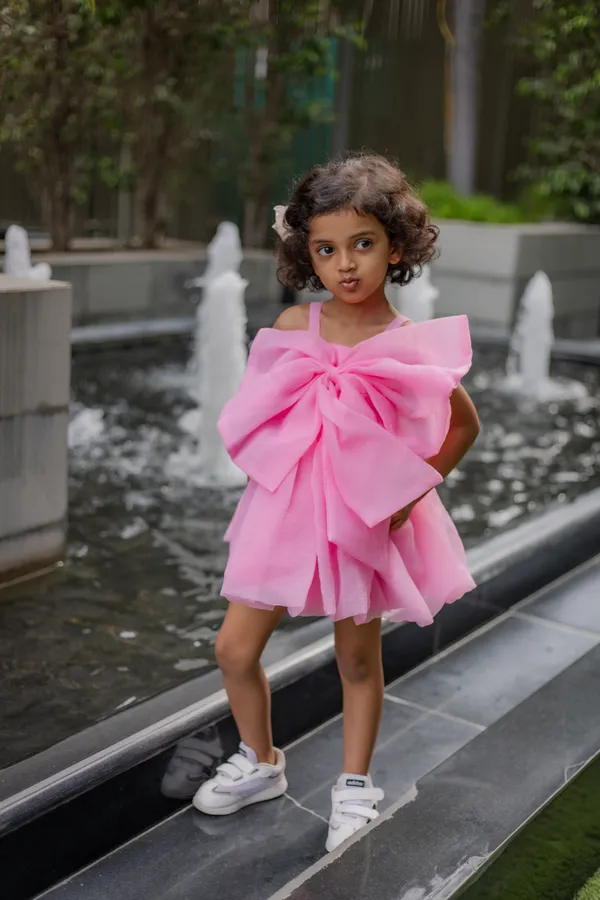 Pink_Neoprene_Tulle_Layered_Bow_Sleeveless_Party_Dress_For_Girls