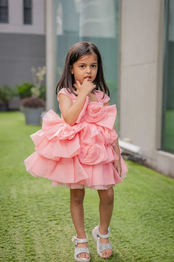 Pink_Neoprene_Layered_Ruffle_Short_Sleeve_Dress_For_Girls
