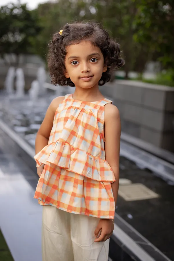 Orange_Premium_Cotton_Checkered_Sleeveless_Peplum_Top_Set_For_Girls