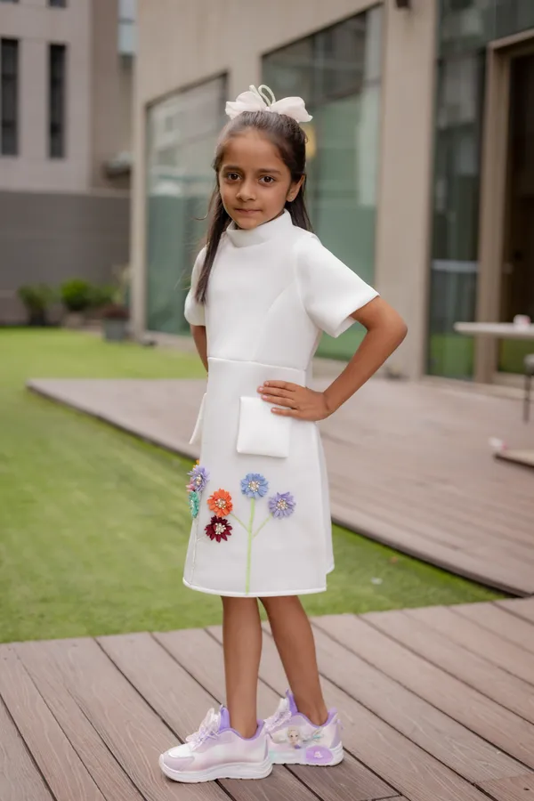 White_Neoprene_A-Line_Floral_Dress_For_Girls