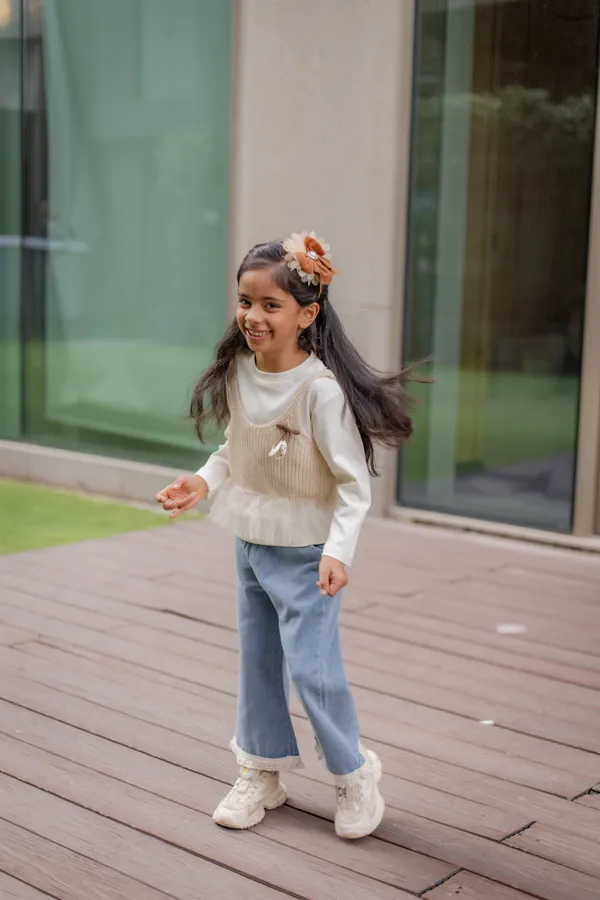 White_Beige_Premium_Cotton_Layered_Top_And_Pants_Set_For_Girls