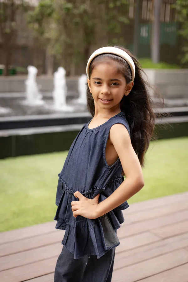 Navy_Denim_Sleeveless_Peplum_Top_And_Pants_Set_For_Girls