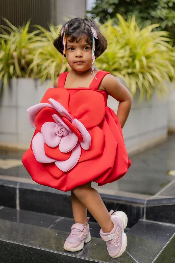 Red_Neoprene_Sleeveless_Fit_And_Flare_Floral_Dress_For_Girls