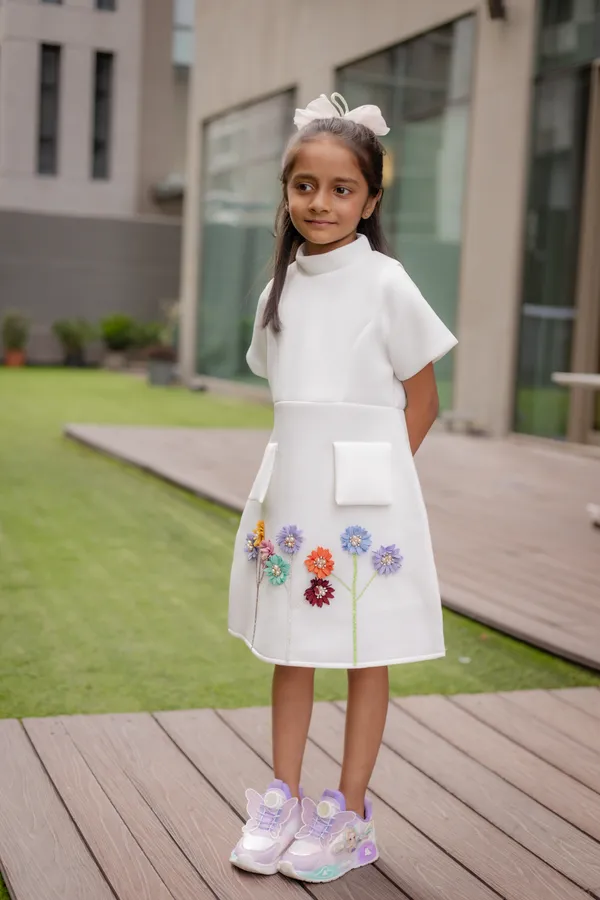 White_Neoprene_A-Line_Floral_Dress_For_Girls