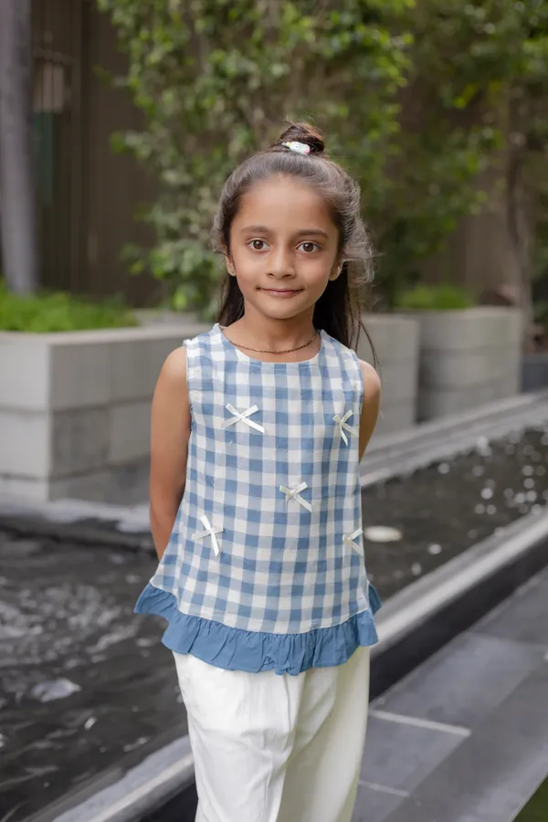Blue_Premium_Cotton_Checked_Sleeveless_Top_And_Pants_Set_For_Girls