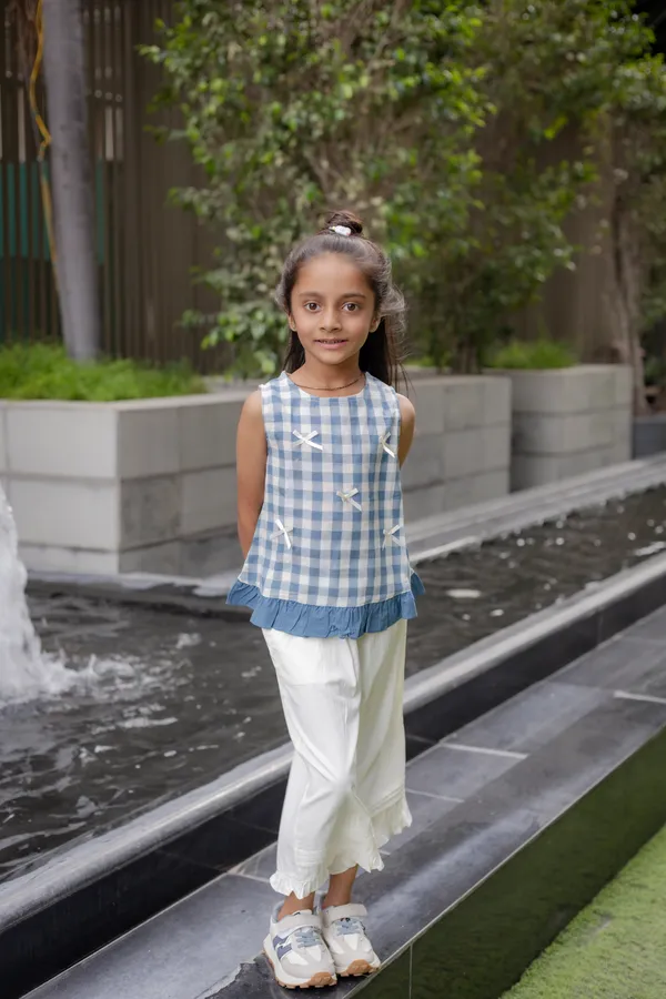 Blue_Premium_Cotton_Checked_Sleeveless_Top_And_Pants_Set_For_Girls