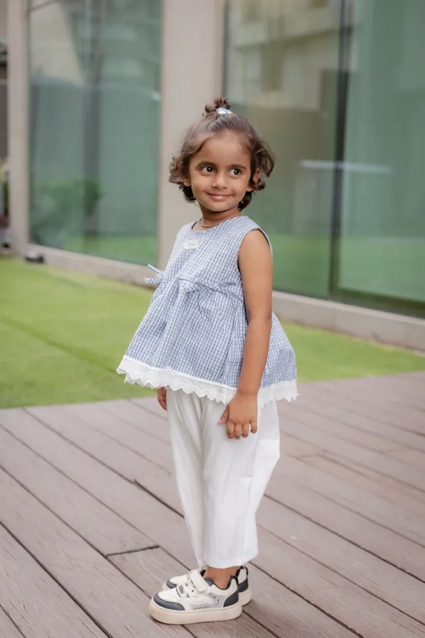 Blue_Premium_Cotton_Checked_Sleeveless_Tunic_And_Pants_Set_For_Girls