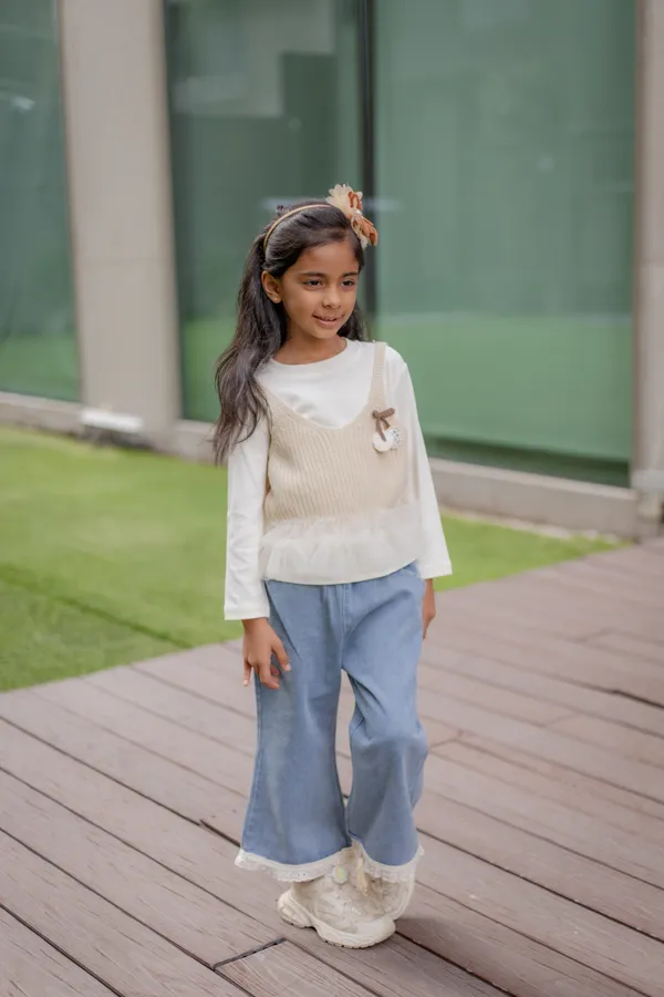 White_Beige_Premium_Cotton_Layered_Top_And_Pants_Set_For_Girls