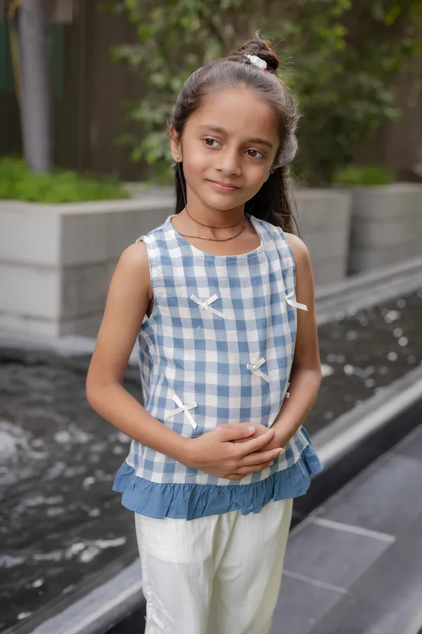 Blue_Premium_Cotton_Checked_Sleeveless_Top_And_Pants_Set_For_Girls