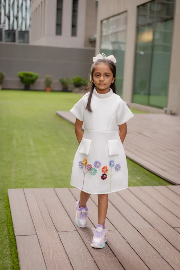 White_Neoprene_A-Line_Floral_Dress_For_Girls