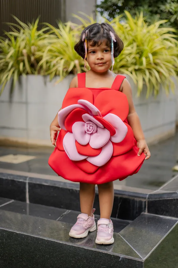 Red_Neoprene_Sleeveless_Fit_And_Flare_Floral_Dress_For_Girls