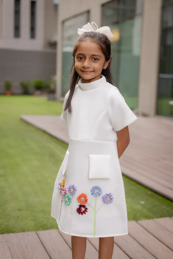 White_Neoprene_A-Line_Floral_Dress_For_Girls