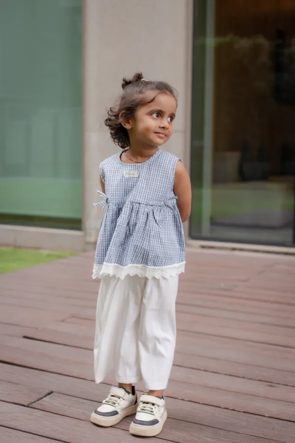 Blue_Premium_Cotton_Checked_Sleeveless_Tunic_And_Pants_Set_For_Girls