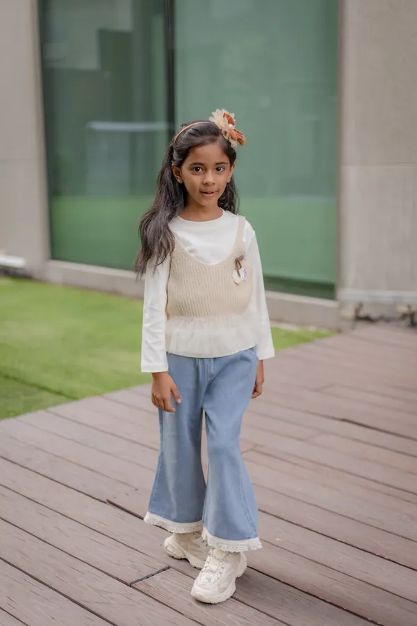 White_Beige_Premium_Cotton_Layered_Top_And_Pants_Set_For_Girls