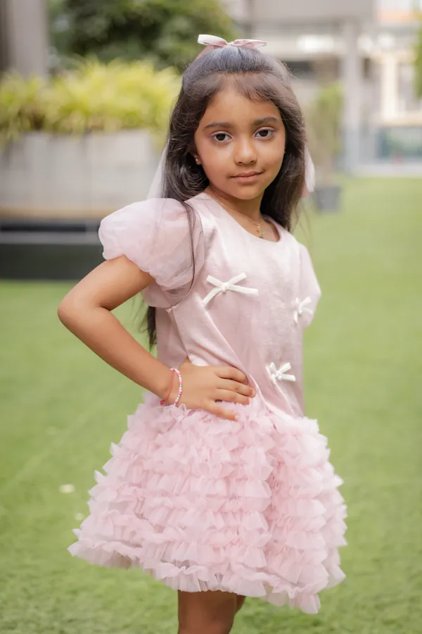Pink_Neoprene_Puff_Sleeve_Tulle_Party_Dress_For_Girls