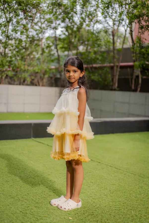 Yellow_Neoprene_Sleeveless_Tiered_Layered_Dress_For_Girls