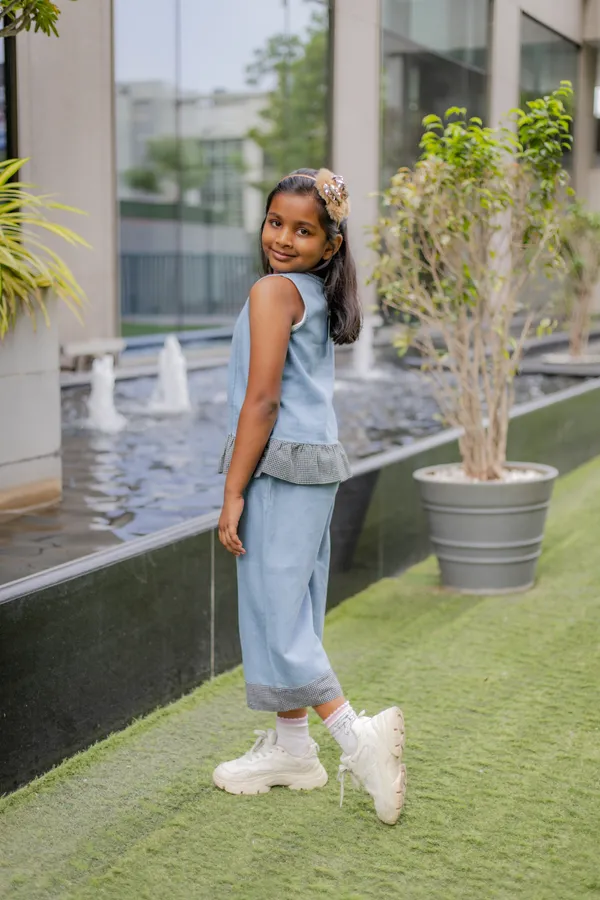 Blue_Denim_Checked_Peplum_Sleeveless_Co-Ord_Set_For_Girls